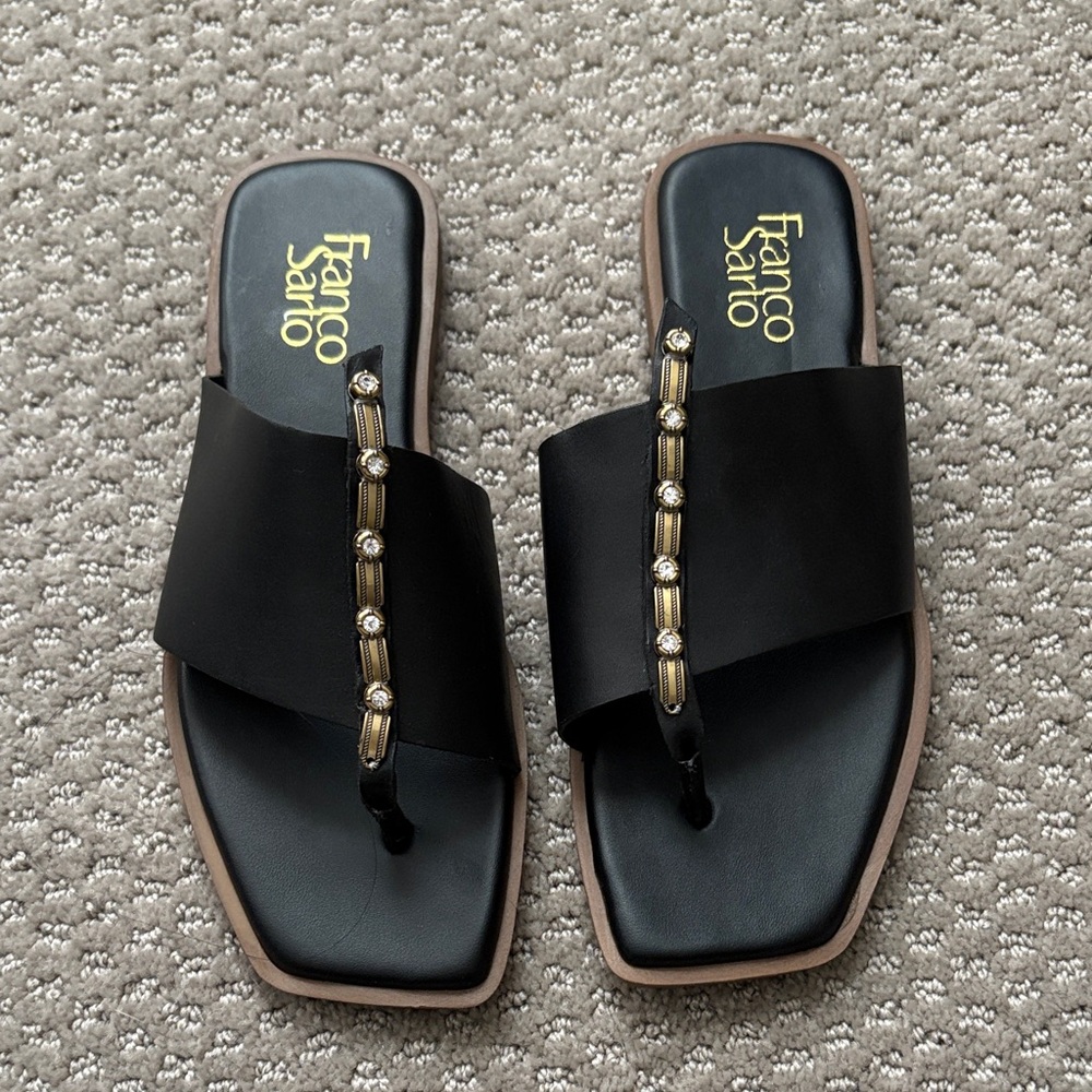 Franco Sarto Black Sandals with Gold Embellishments